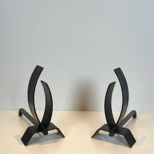 Pair Of Modernist Steel And Iron Andirons. French. Circa 1970