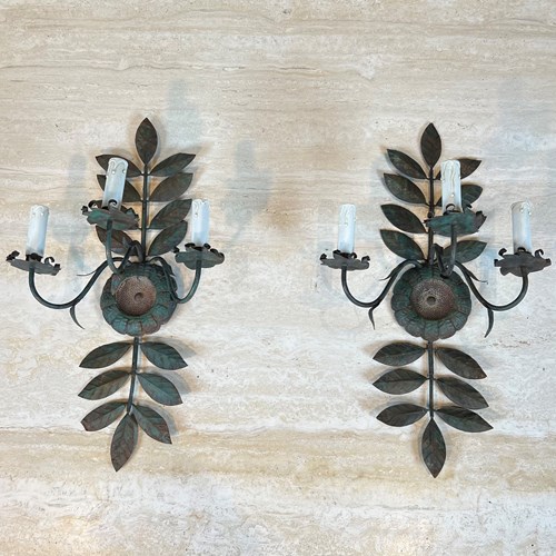 Pair Of Decorative Wall Sconces In Patinated Metal 