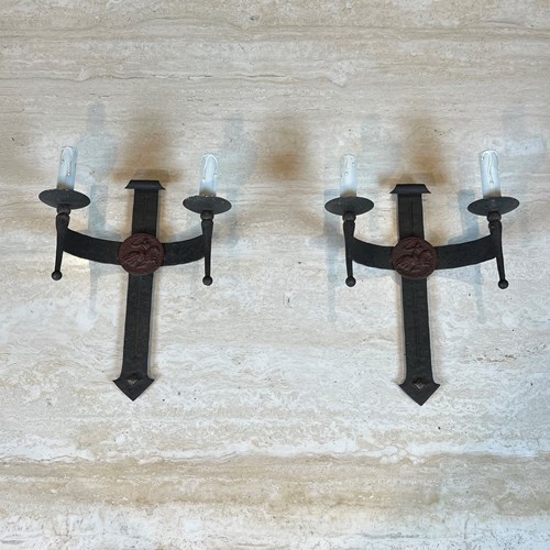 Pair Of Wrought Iron Wall Lights With Coat Of Arms And 2 Light Arms. 