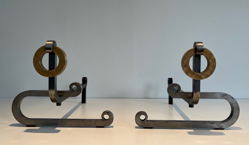 Pair Of Modernist Chromed Steel, Brass And Iron Andirons. French Work Circa 1970-barrois-antiques-12-main-638219001014197051.jpg