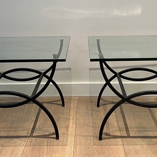 Pair Of Black Lacquered Side Tables With Thick Glass Tops. French Work. Circa 19