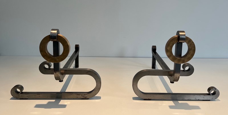 Pair Of Modernist Chromed Steel, Brass And Iron Andirons. French Work Circa 1970-barrois-antiques-2-main-638219000797951734.jpg