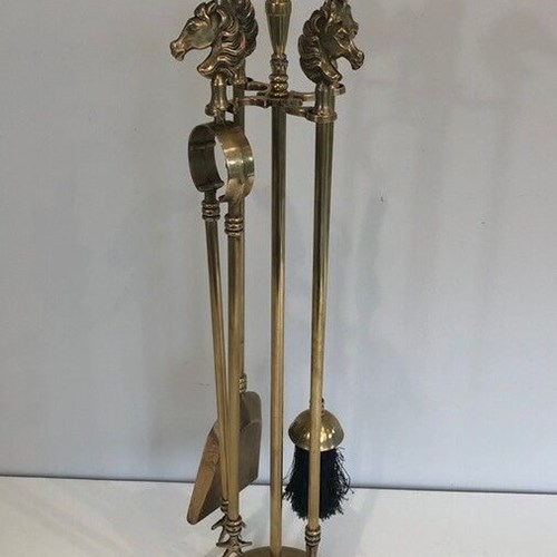 Neoclassical Style Brass Horseheads Fireplace Tools. French.