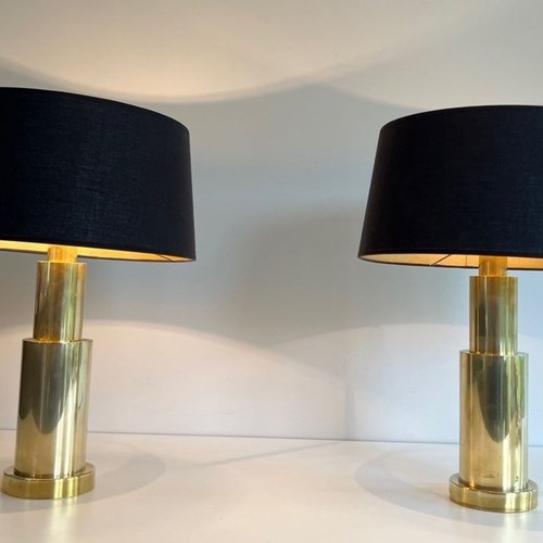 Pair Of Modernist Brass Table Lamps, French Work, Circa 1970