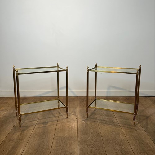 Pair Of Two-Tier Brass And Glass Side Tables. French Work Maison Jansen. Circa 1