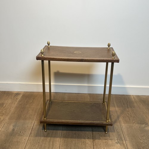 Side Table With Two Tiers Of Gilt-Tooled Tawny Leather. Fluted Brass And Pinecon