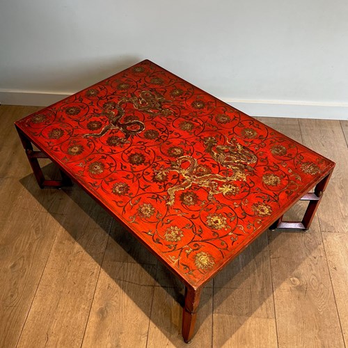 Large Red Lacquered Coffee Table Decorated With Dragons, Interlacing And Floral 