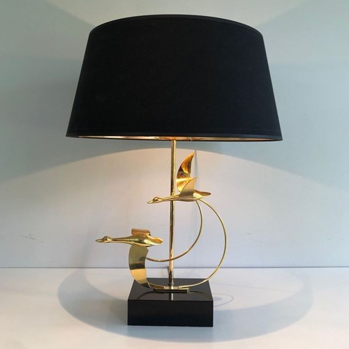 Brass Table Lamp With Flock Of Wild Geese, French Work