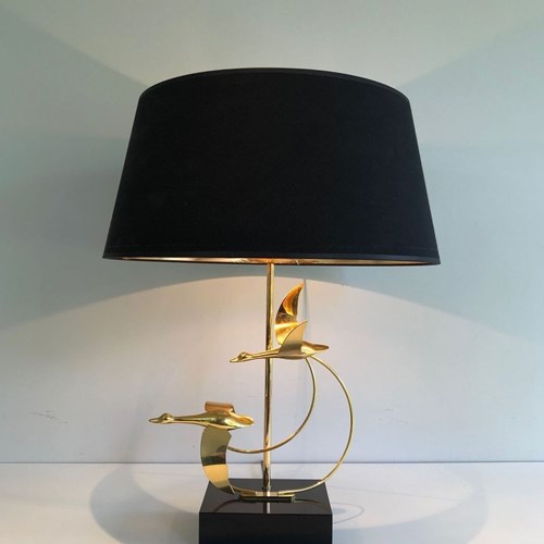 Brass Table Lamp With Flock Of Wild Geese, French Work, Circa 1970
