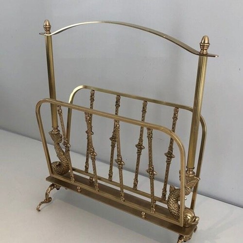 Brass Magazine Rack With Dolphin Heads, Maison Jansen, French, Circa 1940