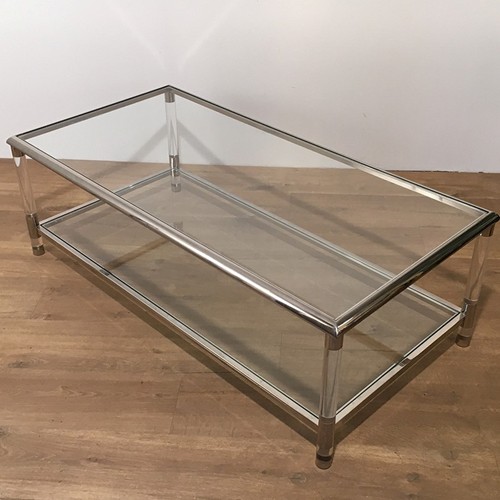 Lucite And Chrome 2 Tiers Coffee Table