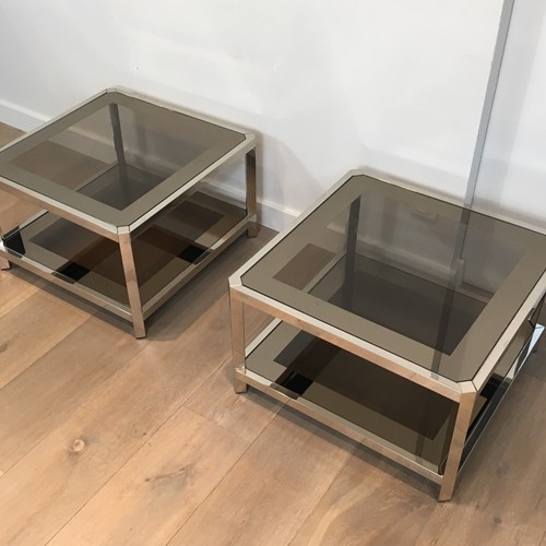 Pair Of Chromed Side Tables With Smoked Glass