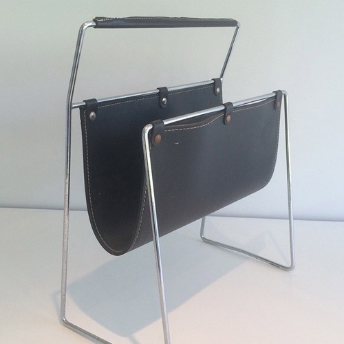 Black Leather And Chrome Magazine Rack