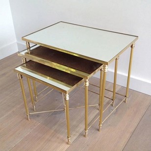 Set Of Three Brass Nesting Tables With Mirror Tops