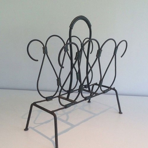 Black Lacquered Metal & Leather Magazine Rack, Attr. Jacques Adnet, C.1950