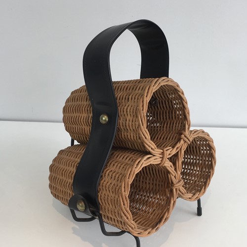 Rattan, Black Metal & Faux-Leather Bottle Holder