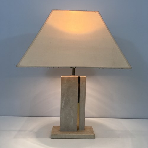 Travertine And Brass Table Lamp With Original Shad