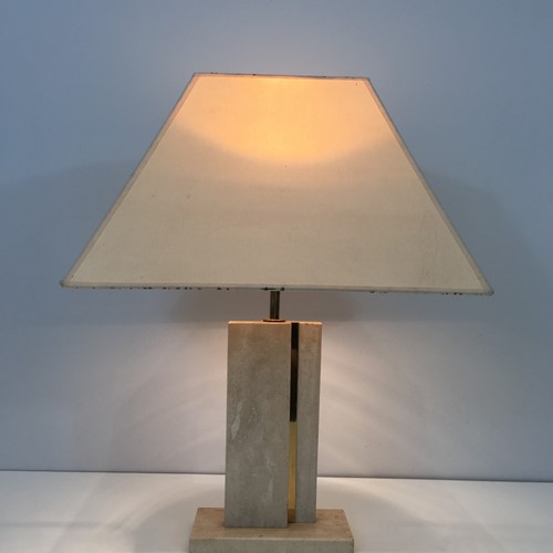 Travertine And Brass Table Lamp With Original Shad
