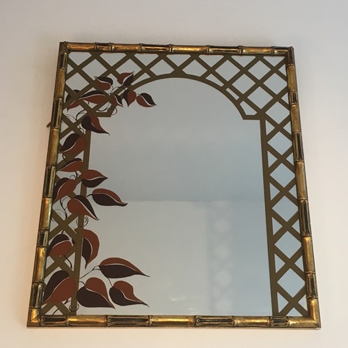 Decorative Faux-Bamboo Gilt Wood Mirror With Print