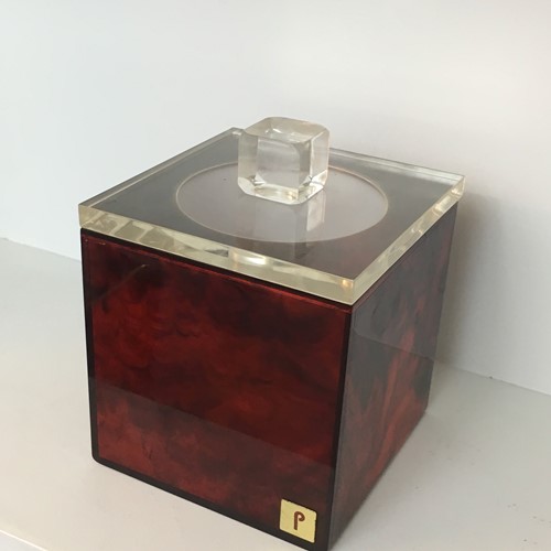 Red And Clear Lucite Ice Bucket. Signed P