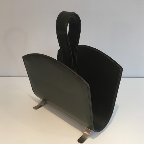 Leather Magazine Rack On A Brushed Steel Base