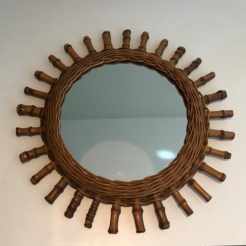 Round Rattan Mirror. French. Circa 1970