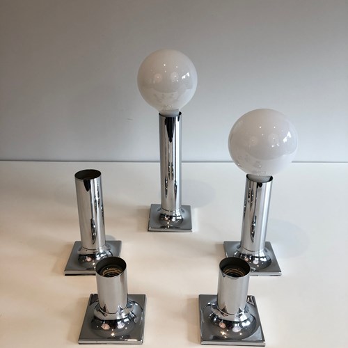 Set Of Chrome And White Opaline Glass Bowls Wall Lights Or Fixtures