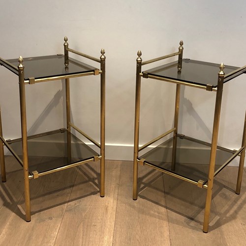 Pair Of Brass Side Tables With Smoked Glass Shelves