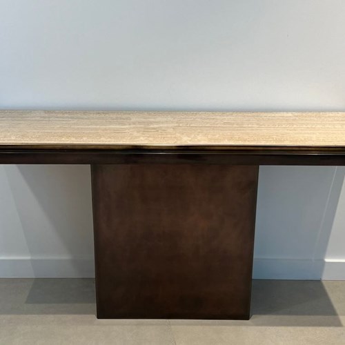 Gun Metal Console With Travertine Top, French Work, Circa 1970