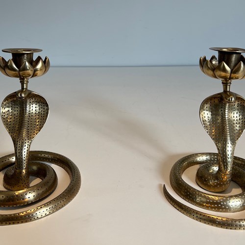 Pair Of Chiseled Bronze Cobra Candlesticks. French Work. Circa 1940