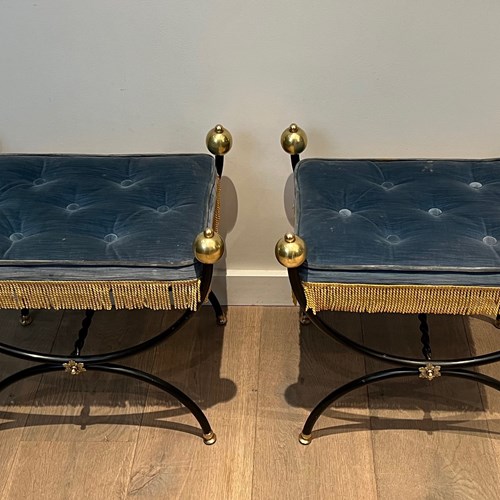 Pair Of Neoclassical Style Curule Stools In Black Lacquered Metal, 