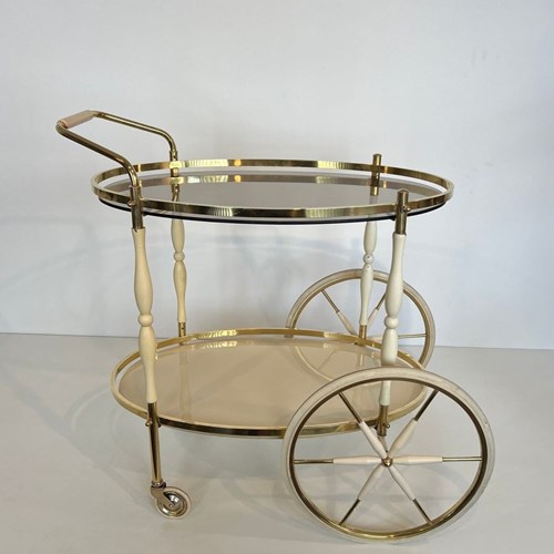Art Déco Oval Brass And Eggshell Lacquered Wood Drinks Trolley, Italy, Circa 194