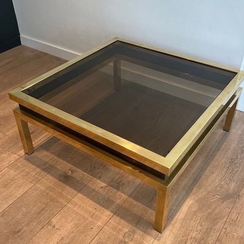 Brass And Black Lacquer Coffee Table With Smoked Glass