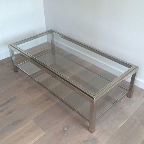 Large Two-Tier Chrome & Glass Coffee Table With Studded Detail, France Circa 197