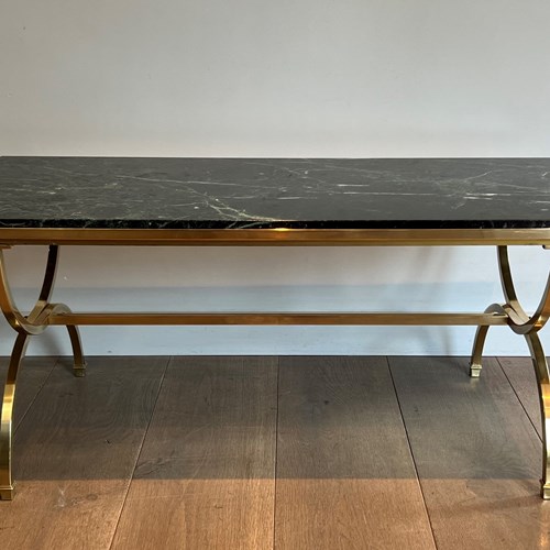 Neoclassical Style Coffee Table With Hoop Brass Base And Green Marble Top. Frten