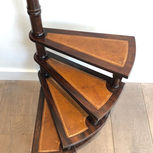 Library Stepladder In Mahogany And Brass, The Steps Are Trimmed In Leather. Fren