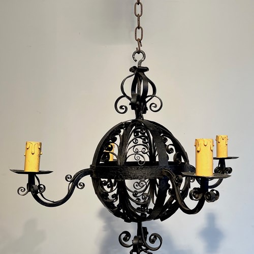 Wrought Iron Ball-Shaped Chandelier With 4 Arms Of Very Good Quality. French Wor