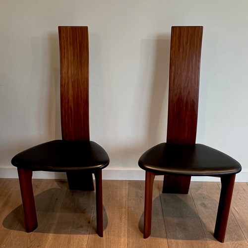 Pair Of Exotic Wood And Black Leather Chairs, Scandinavian Work. Circa 1970
