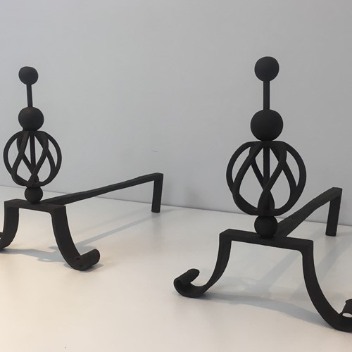 Jean Royere Style. Pair Of Wrought Iron Andirons