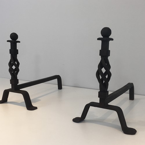 Pair Of Twisted Wrought Iron Andirons. French. 