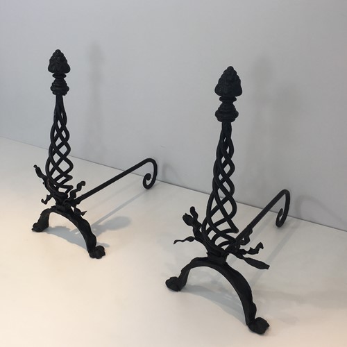 Twisted Wrought Iron Andirons With Finials