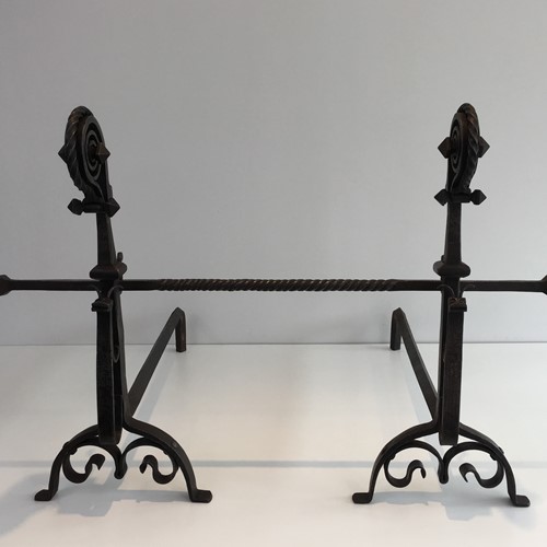 Exceptional Pair Of Hammered Wrought Iron Andirons