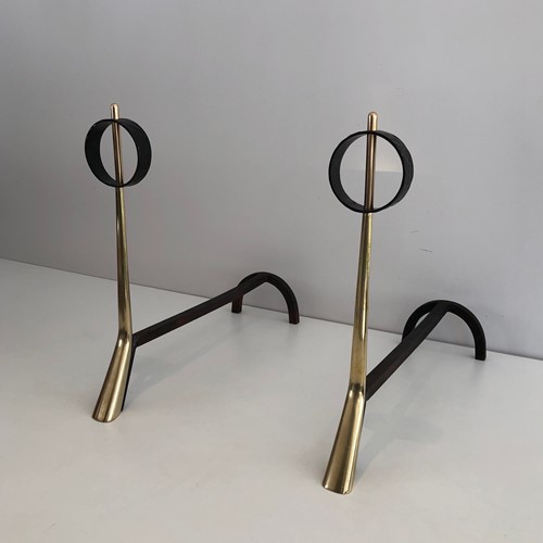 Exceptional Pair Of Modernist Andirons