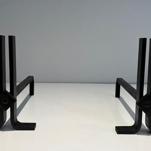 Pair Of Modernist Cast Iron And Wrought Iron Andirons