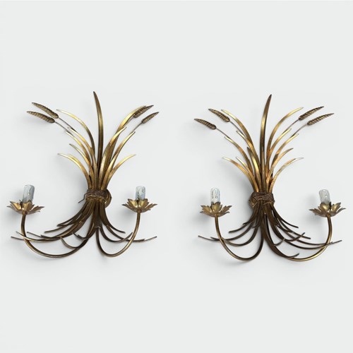 Pair Of Gilded Metal Wall Sconces With Wheat Sheaves Decor, Circa 1970