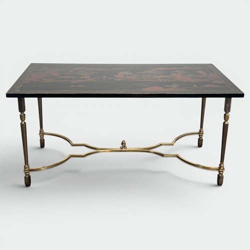 Lacquered Coffee Table With Chinese Decor On Brass Base, Circa 1970