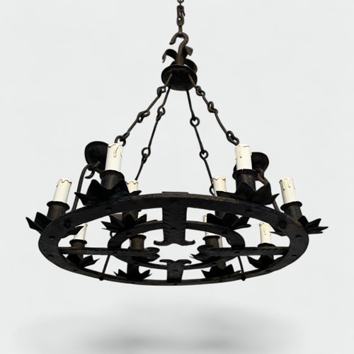 Wrought Iron Chandelier, 12 Lights, Gothic Style, French Work, Circa 1945