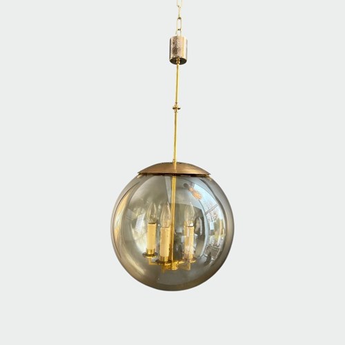 Globe Pendant Light In Smoked Glass And Brass With Four Lights. French Work. Cir