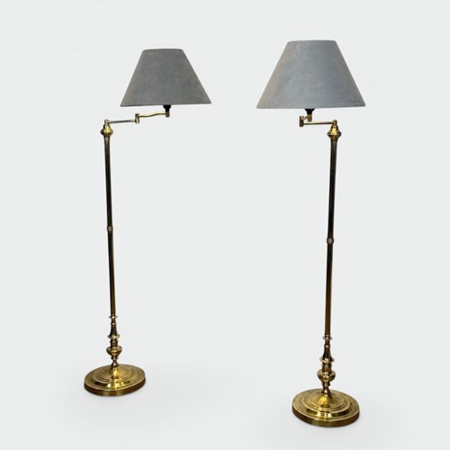 Pair Of Brass Floor Reading Lamps With Articulated Arm And Grey Velvet. French W