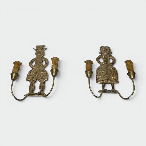 Pair Of Neoclassical Brass Sconces With Figural Decoration, Man And Woman With T
